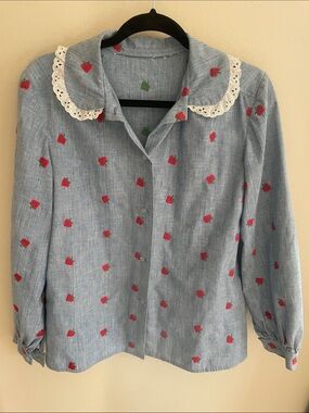Adorable homemade cottage core strawberry embroidered button down shirt